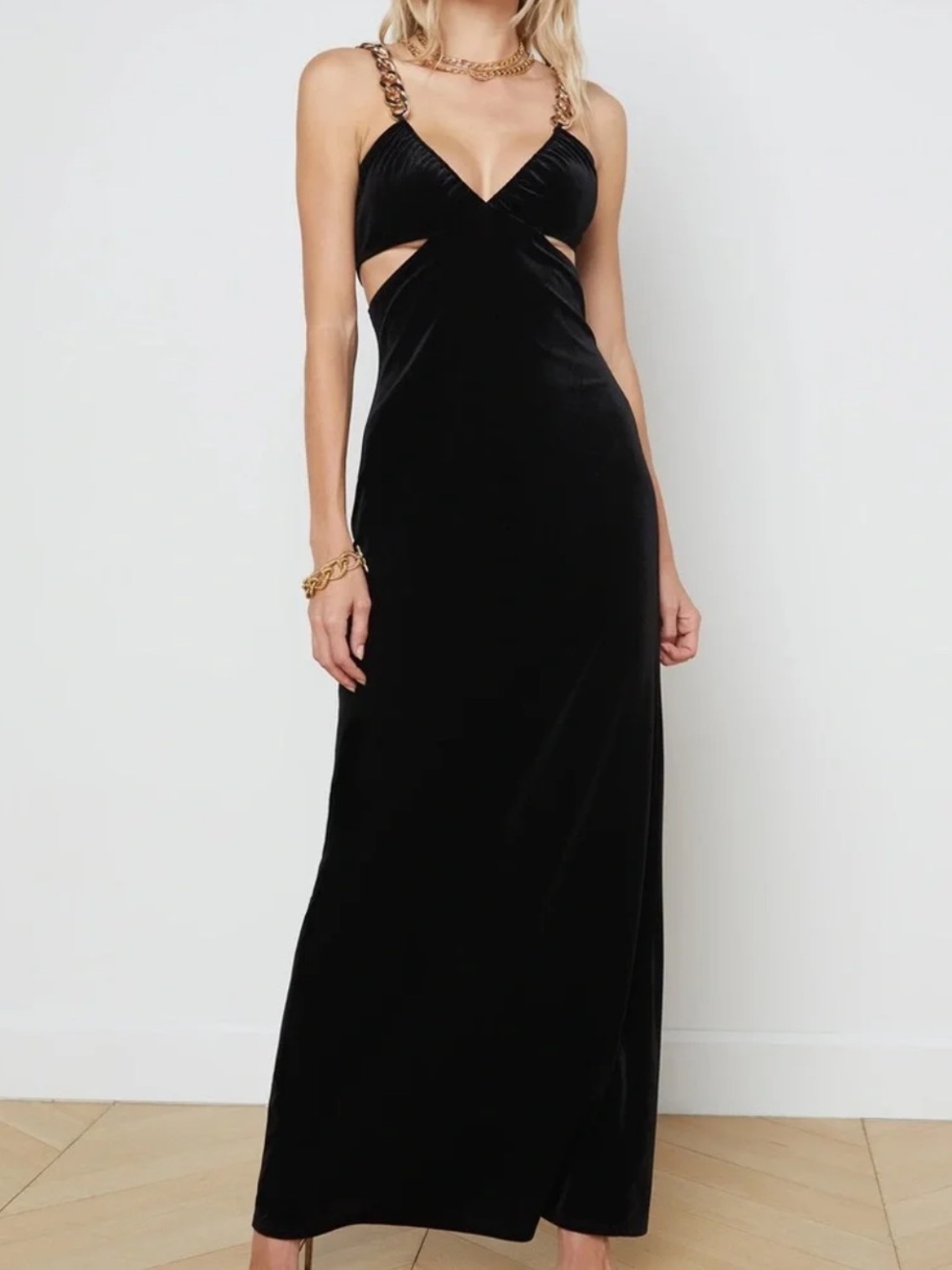 L'AGENCE Black Velvet Maxi Dress with Gold Chain Straps